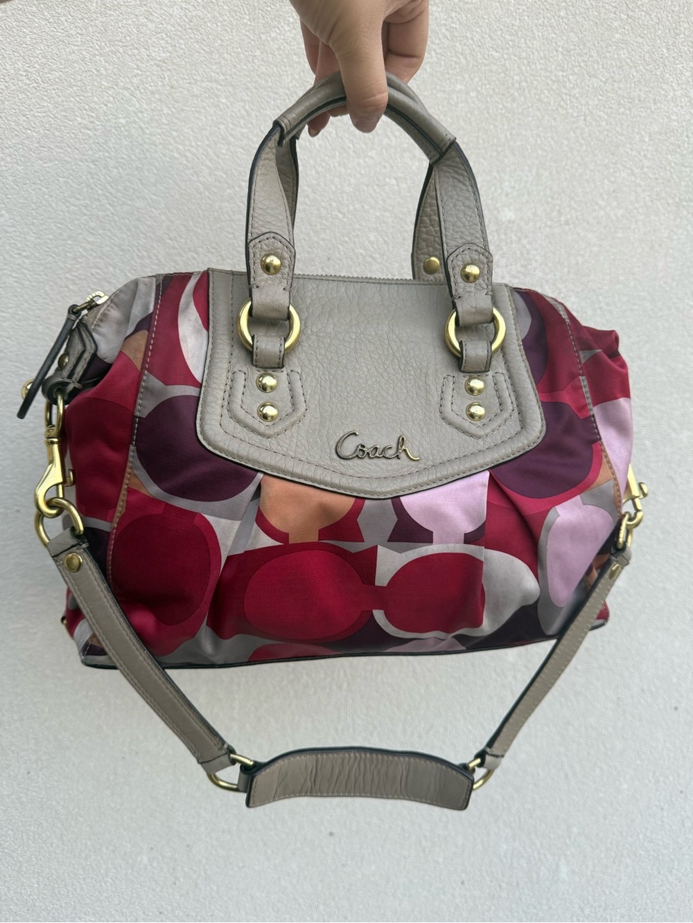 Coach Multicolor Circle Print Satchel in Taupe, Red & Pink